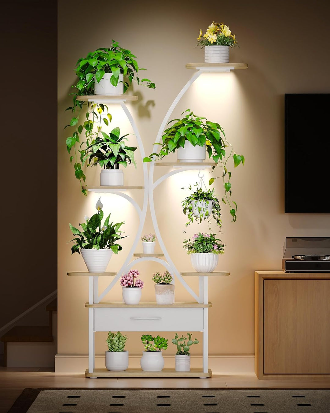 Hzuaneri Pflanzenständer mit Wachstumslicht, 9-Ebenen Blumenständer mit 4 R-G LED-Leuchten, Farbe un