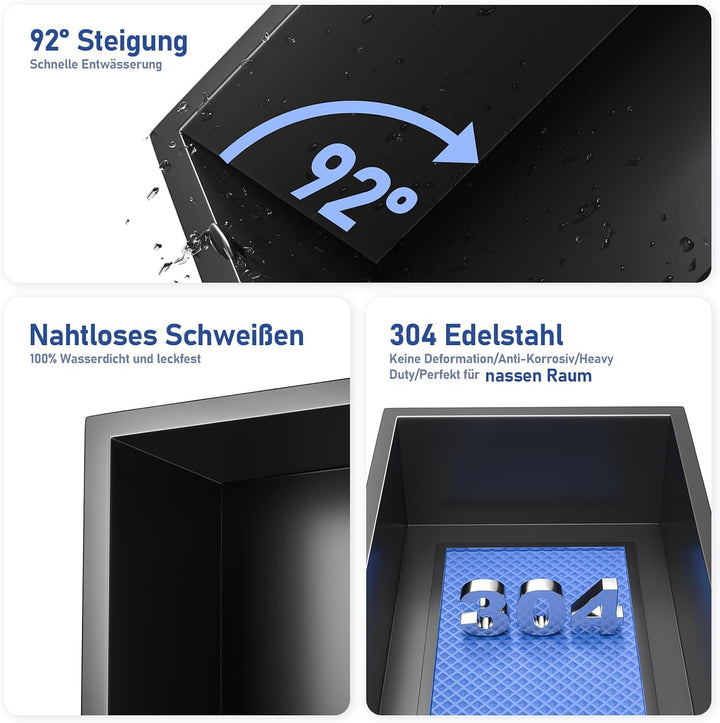 Wandnische Dusche Edelstahl mit LED-Streifenlicht, 60 cm x 30 cm, Wasserdicht - Keine Fliesen Erford