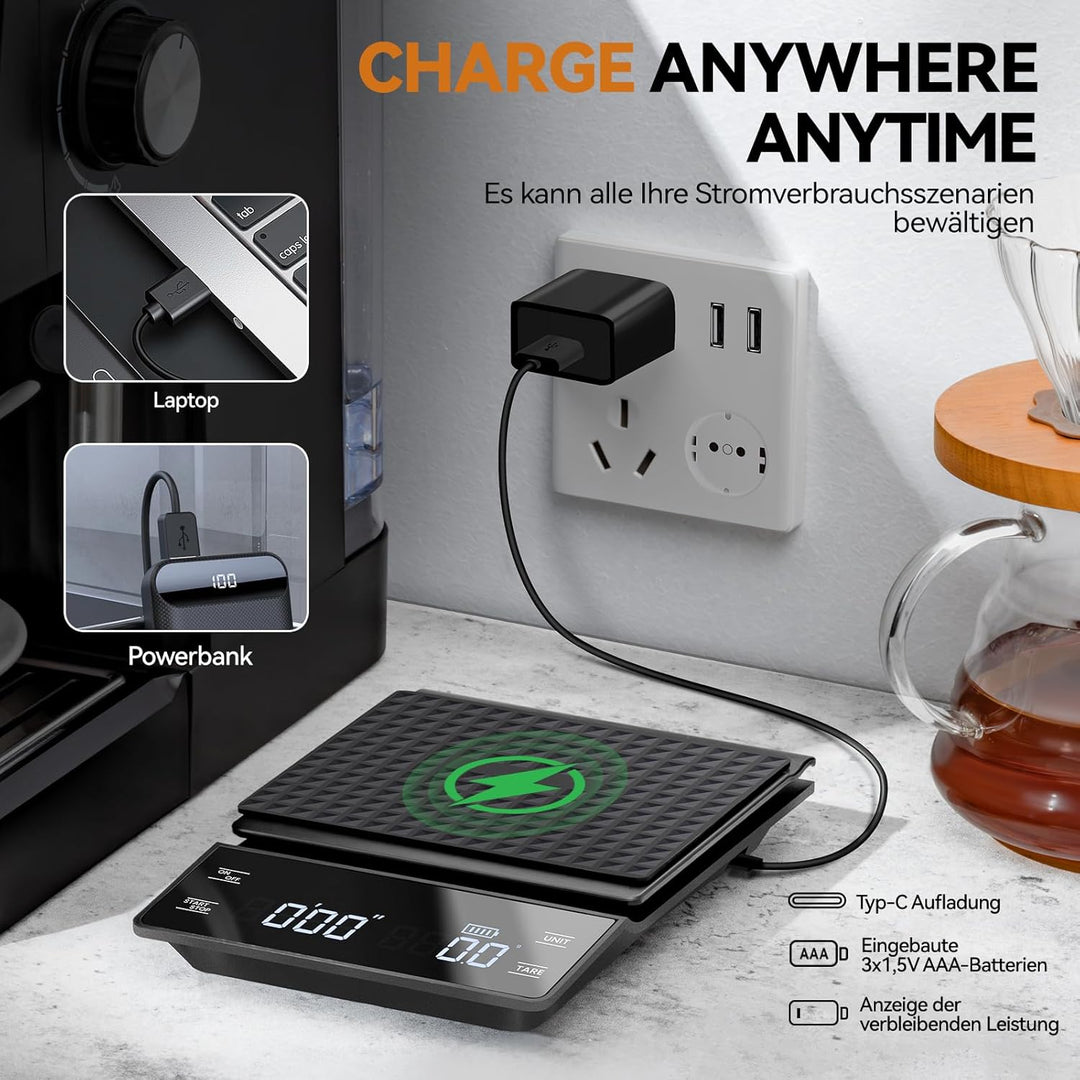 bemece USB Wiederaufladbare Digital kaffeewaage, Kaffeewaage mit Timer, Multifunktionale Küchenwaage