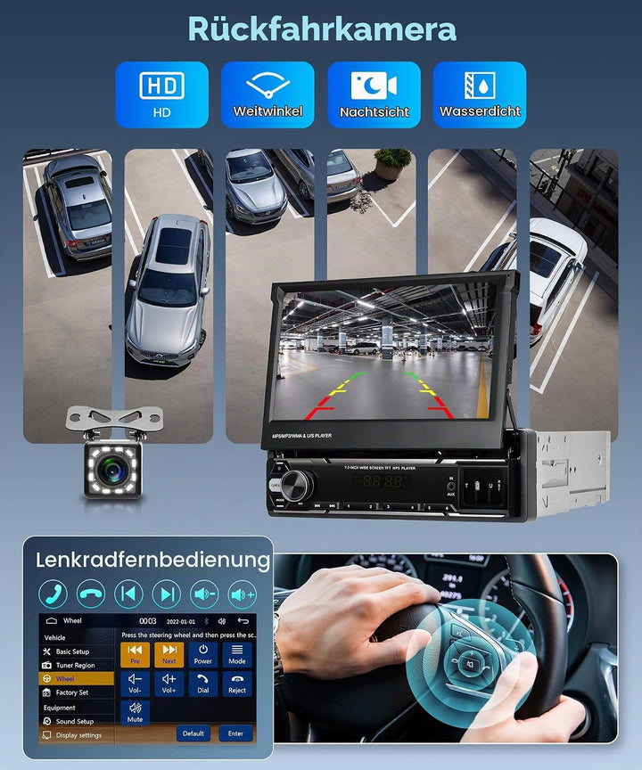 Rimoody Autoradio 1 Din Wireless Carplay Android Auto con 7 Pollici HD Touchscreen Manuell Einziehba