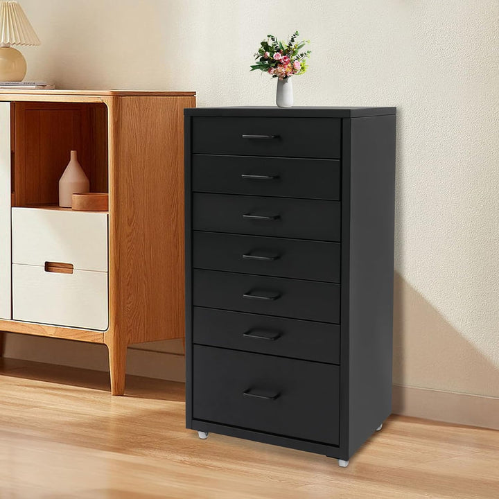 Rollcontainer Metall 7 Schubladen Aktenschrank Schwarz, Schwarz