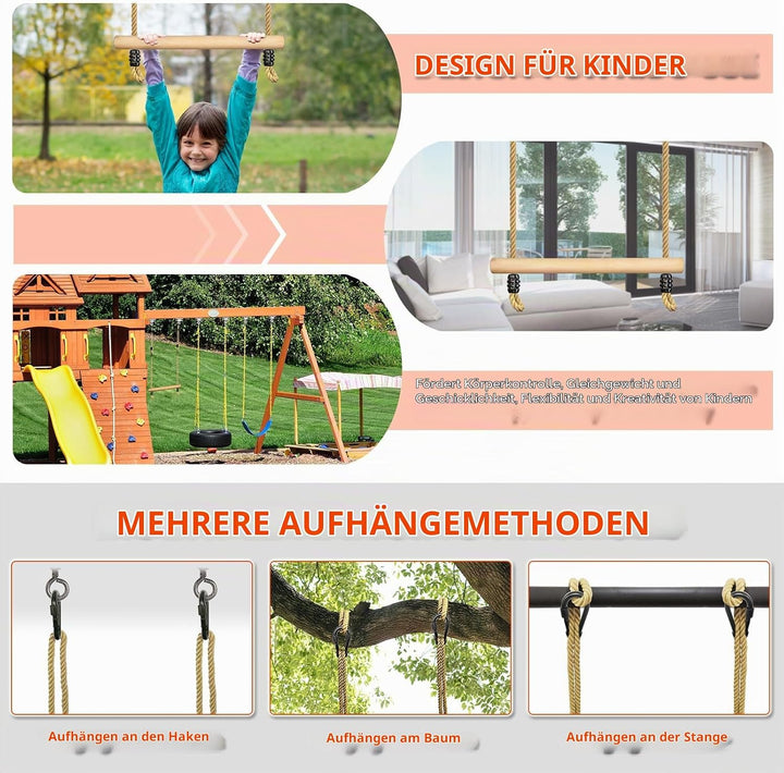 Trapez Schaukel, Trapezstange Holz mit Höhenverstellbaren Seil Schaukelstange aus Holz Kinderschauke