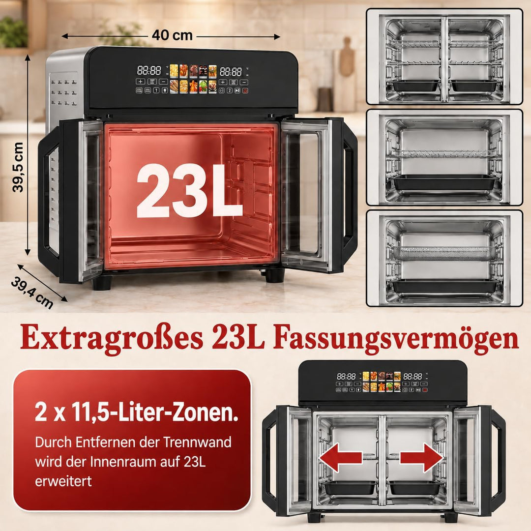 Royal Swiss Airfryer Oven XXL 23 L 2400 W, Heissluftfritteuse mit Doppeltür, 10 Programme, LED Displ