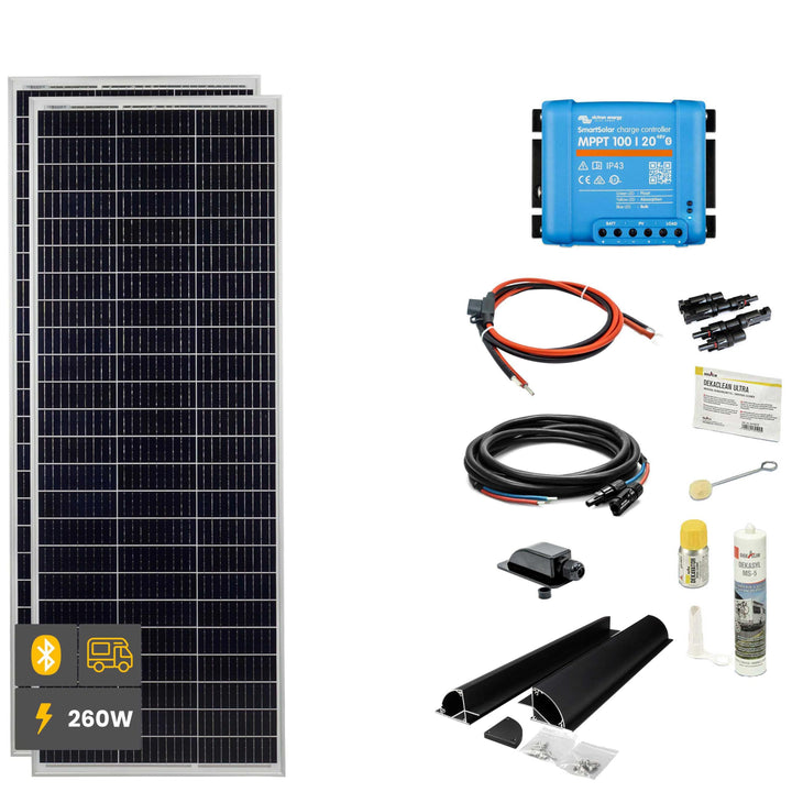 WATTSTUNDE SOLA Mono 260W Wohnmobil Solaranlage Komplett-Set, Victron MPPT Laderegler, Monokristalli