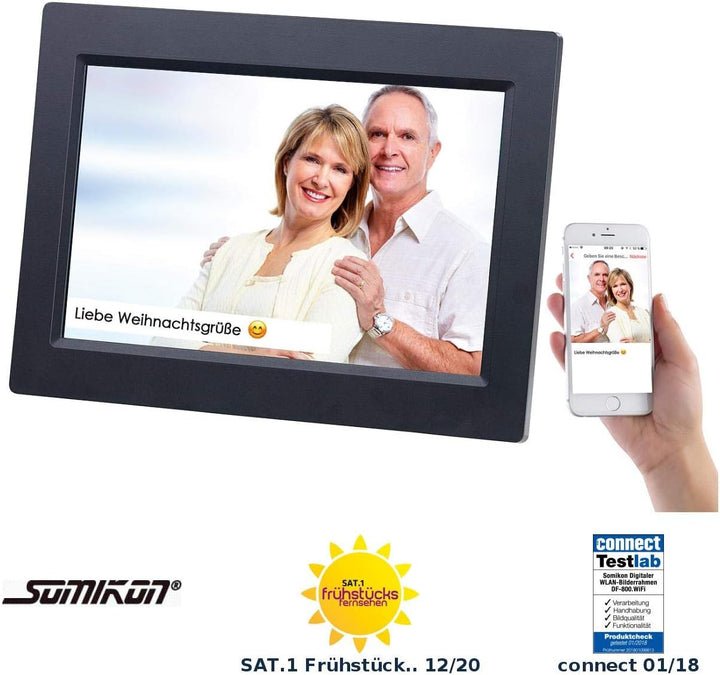 Somikon Digitale Bilderrahmen: WLAN-Bilderrahmen mit 25,7-cm-IPS-Touchscreen &amp; weltweitem Bild-Uploa
