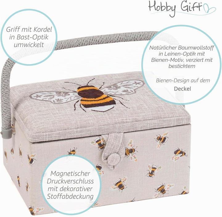 Hobby Gift MRME 87.1 Nähkästchen, Holz/Stoff, Gestickte Biene, 26 x 19 x 14.5cm, Gestickte Biene