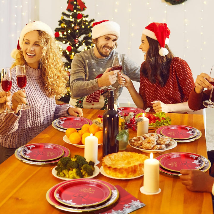 PARTY GO 96 Stück Pappteller Weihnachten, Partygeschirr Set Weihnachtsparty Pappteller Servietten Pa