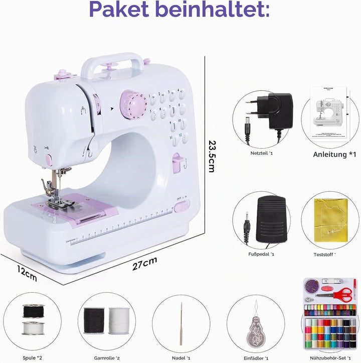 Todeco Nähmaschine für Anfänger und Kinder, 12 Stichmuster, Nähmaschine Klein mit Fusspedal Nählicht