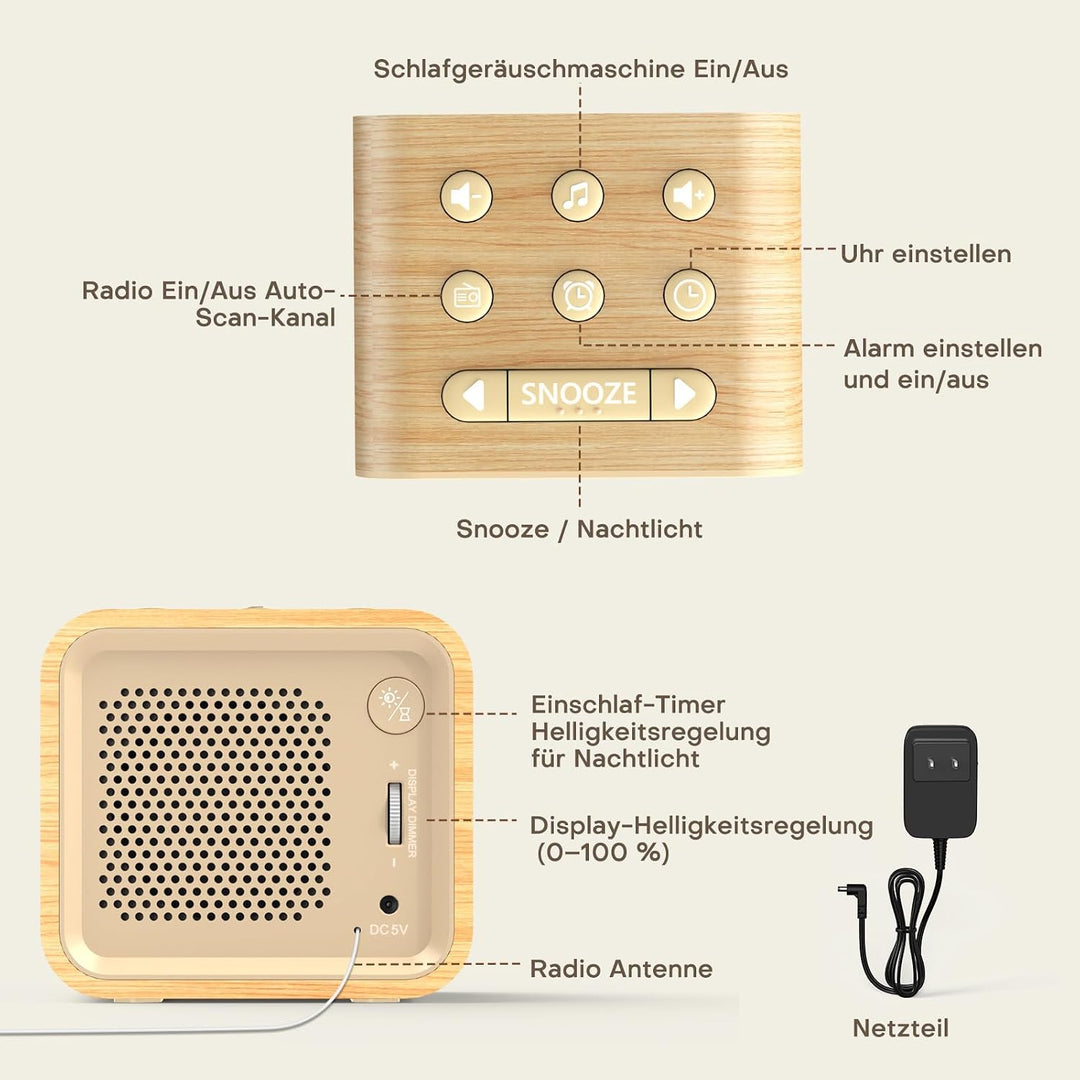 REACHER Radiowecker für das Schlafzimmer, Digitale FM Radiouhr mit Weissrausch-Soundmaschine, 9 Alar