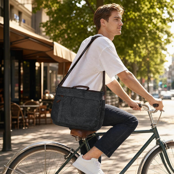 CALIYO Umhängetaschen Herren aus Canvas Schultasche Queformat A4 Laptoptasche für 15,6 Zoll Laptop A