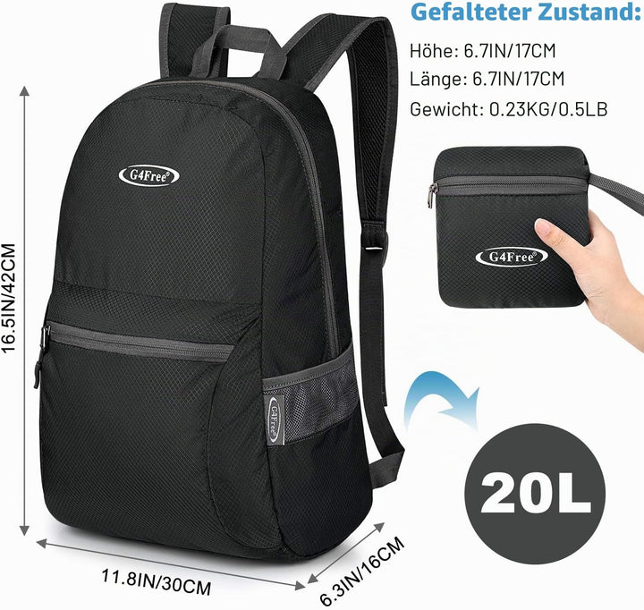 G4Free 20L Faltbarer Rucksack Ultraleichter Wanderrucksack Daypack 20L Schwarzes Update, 20L Schwarz