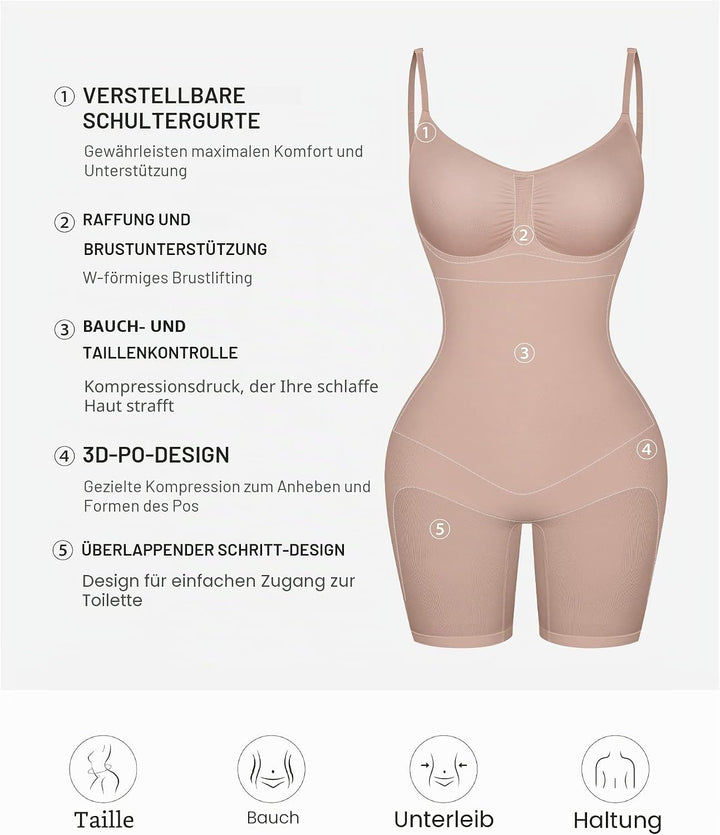 FeelinGirl Shapewear Bodysuit Nahtlos V-Ausschnitt Formende Bodys für Damen Bauchweg Ganzkörper Seam