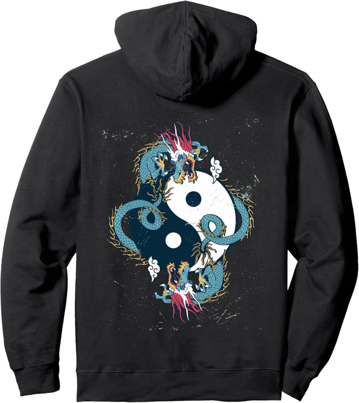 Yin- und Yang-Drachen im Distressed-Stil Pullover Hoodie