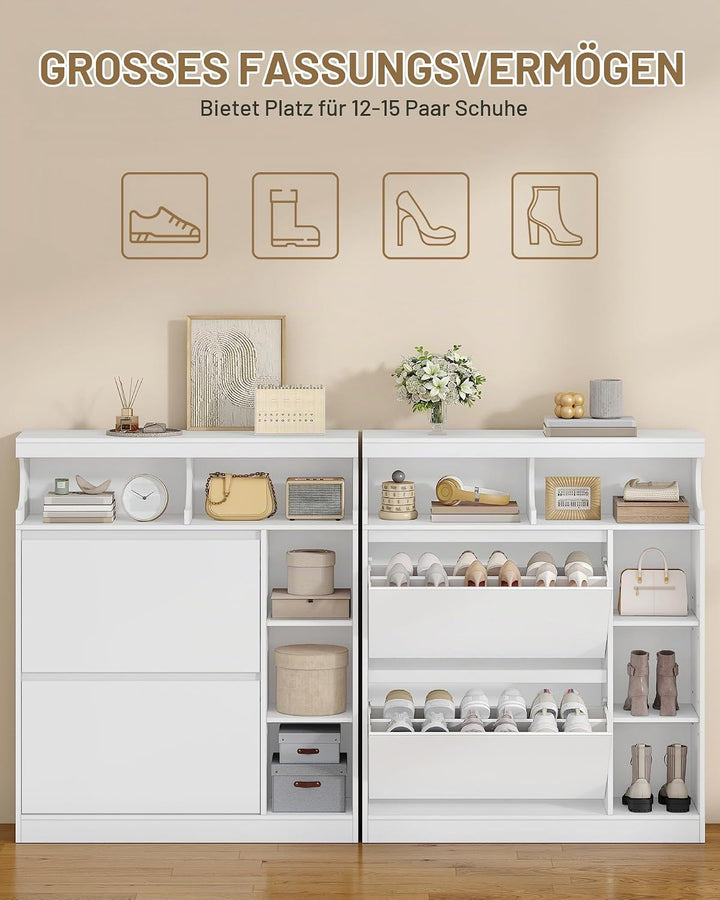 Hzuaneri Schuhschrank mit 2 Klappen, Schmal Schuhschrank mit 3 Ablagefächer, Trennwand Verstellbar,