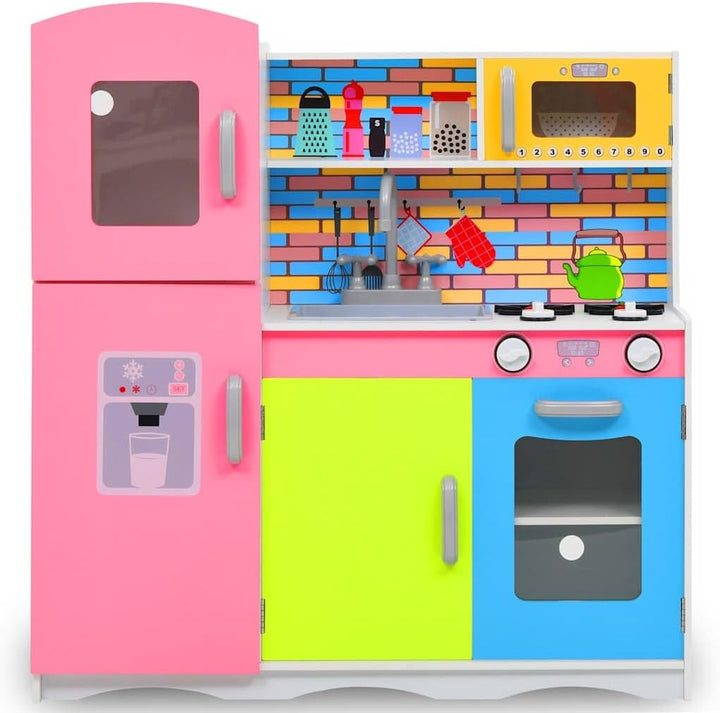 Kinderspielküche MDF 80 x 30 x 85 cm Mehrfarbig mit Kühlschrank, Kochgeschirr, Zubehör und Stauraum