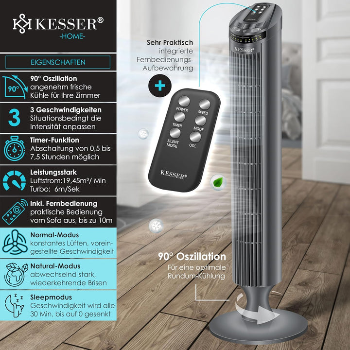 KESSER® Turmventilator mit Fernbedienung | 90° Oszillationswinkel | 3 Stufen | 90 cm |+ Timerfunktio