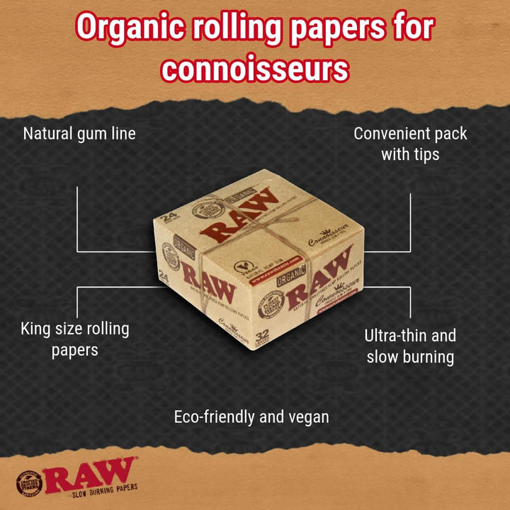 Raw dünnes Zigarettenpapier &amp; Filter aus Bio-Hanf Connoisseur, King Size - 24 Heftchen