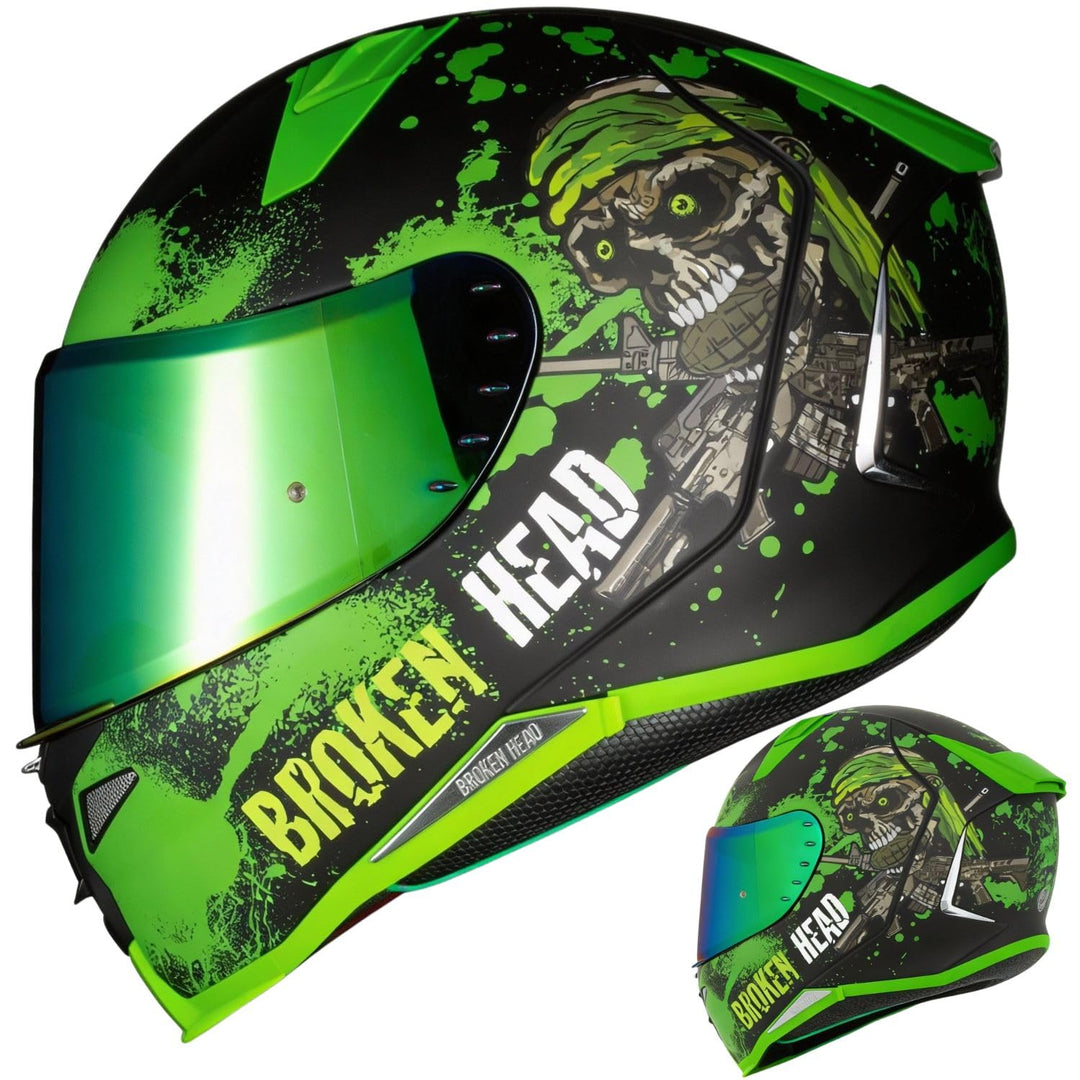 Broken Head Jack S. V2 Pro - Integral-Helm Grün- Sport-Motorrad-Helm Mit 2 Visieren (Klares + Gratis