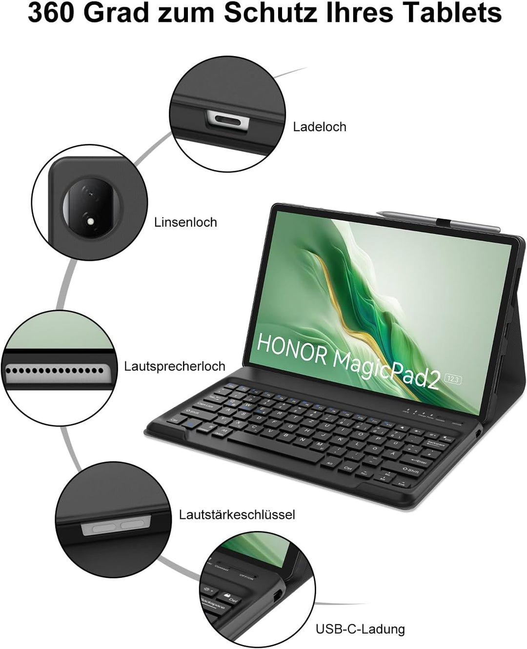 FOGARI Hülle mit Tastatur für Honor Magic Pad 2 Tablet 12,3 Zoll Schwarzer Honor MagicPad 2 12.3" 20