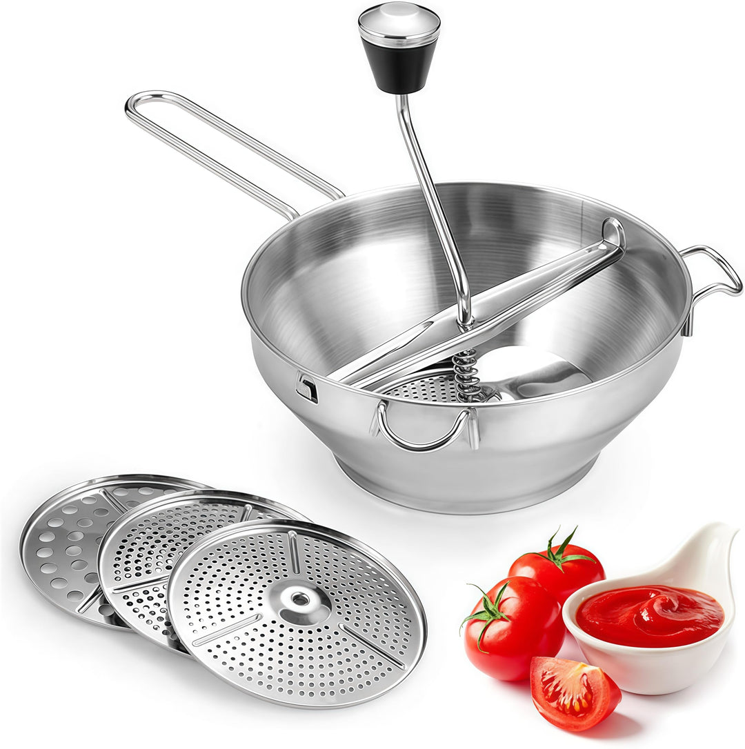Passiergerät aus Edelstahl ergonomisch Anti-Rutsch Drehbar mit 3 Grinding Plates Passiermühle Edelst