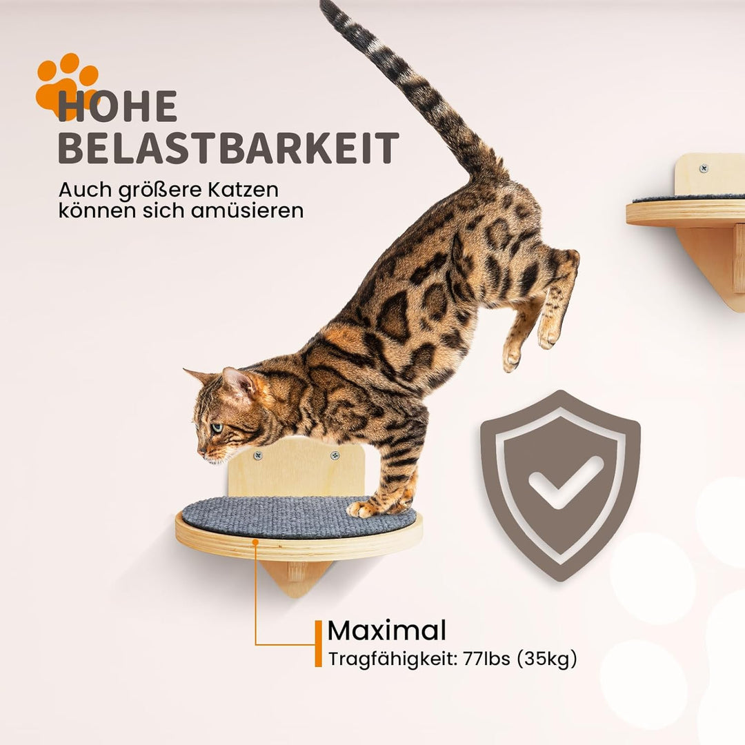 XL Premium Kletterwand Katzen aus Birkenholz | 3er-Set Katzentreppen mit Kratzflächen | Wandmontage