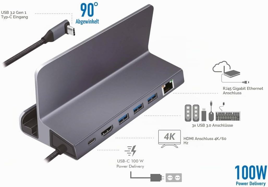 USB 3.2 Gen1 Dockingstation 6-Port mit USB PD (PowerDelivery 100W) aus Aluminium, Halterung für Tabl