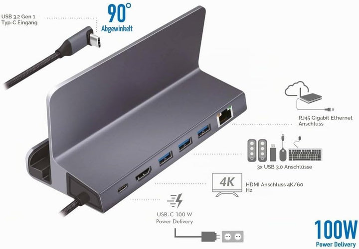 USB 3.2 Gen1 Dockingstation 6-Port mit USB PD (PowerDelivery 100W) aus Aluminium, Halterung für Tabl