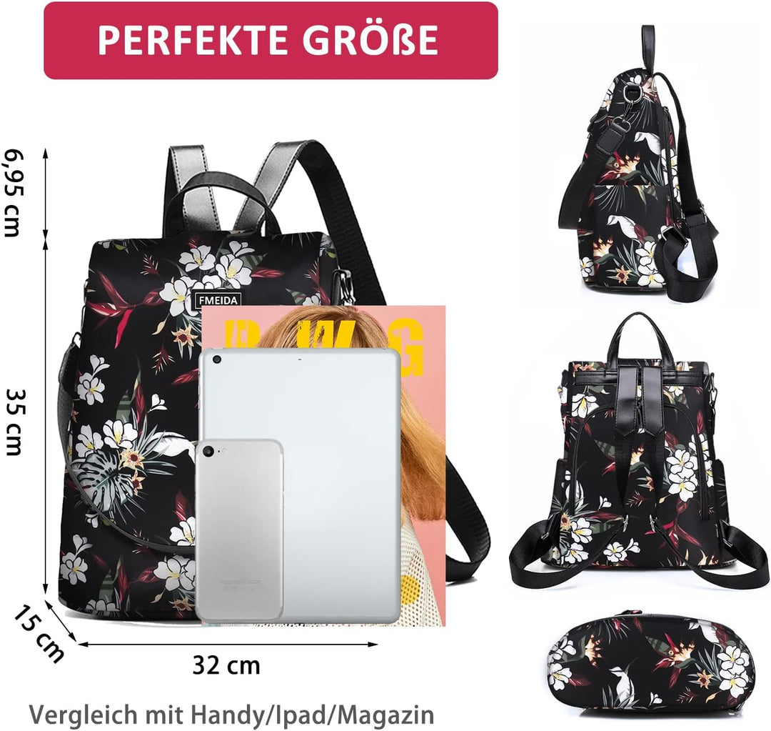 Fmeida Rucksack Damen Anti Diebstahl Nylon Handtaschen Wasserdichte 2 in 1 Schultertasche Casual Day