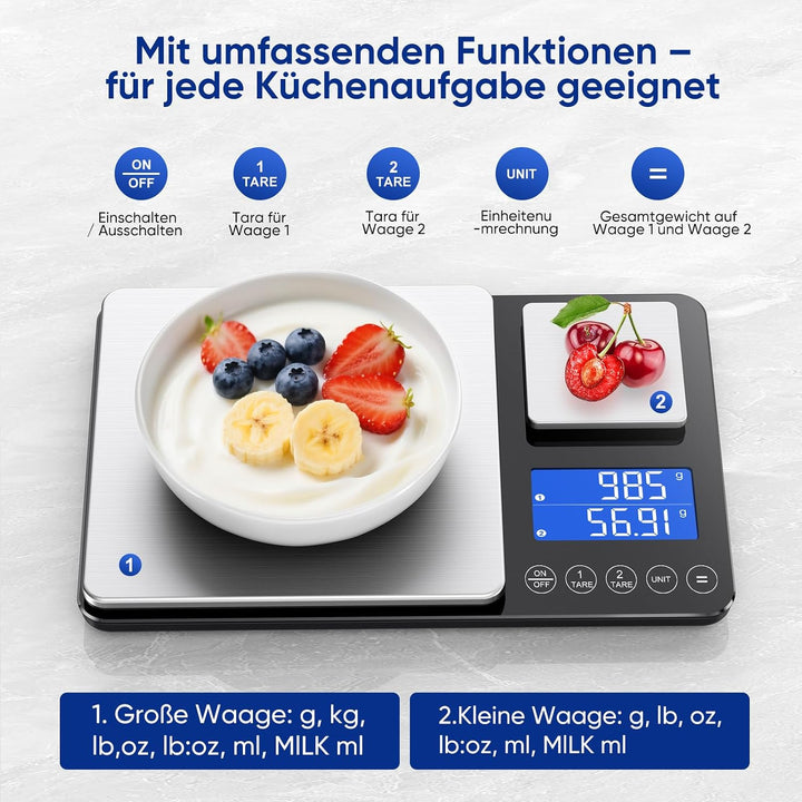 Küchenwaage Digital 15 kg / 0,01 g, Hochpräzise Zweibereichs Waage Küche mit Addierfunktion, Tara-Fu