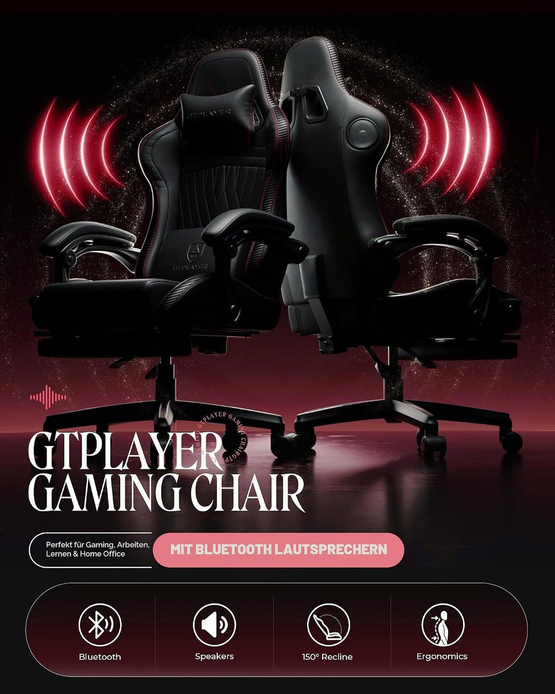 GTPLAYER Gaming-Stuhl, Computerstuhl mit Fussstütze und Bluetooth-Lautsprechern, hohe Rückenlehne, e