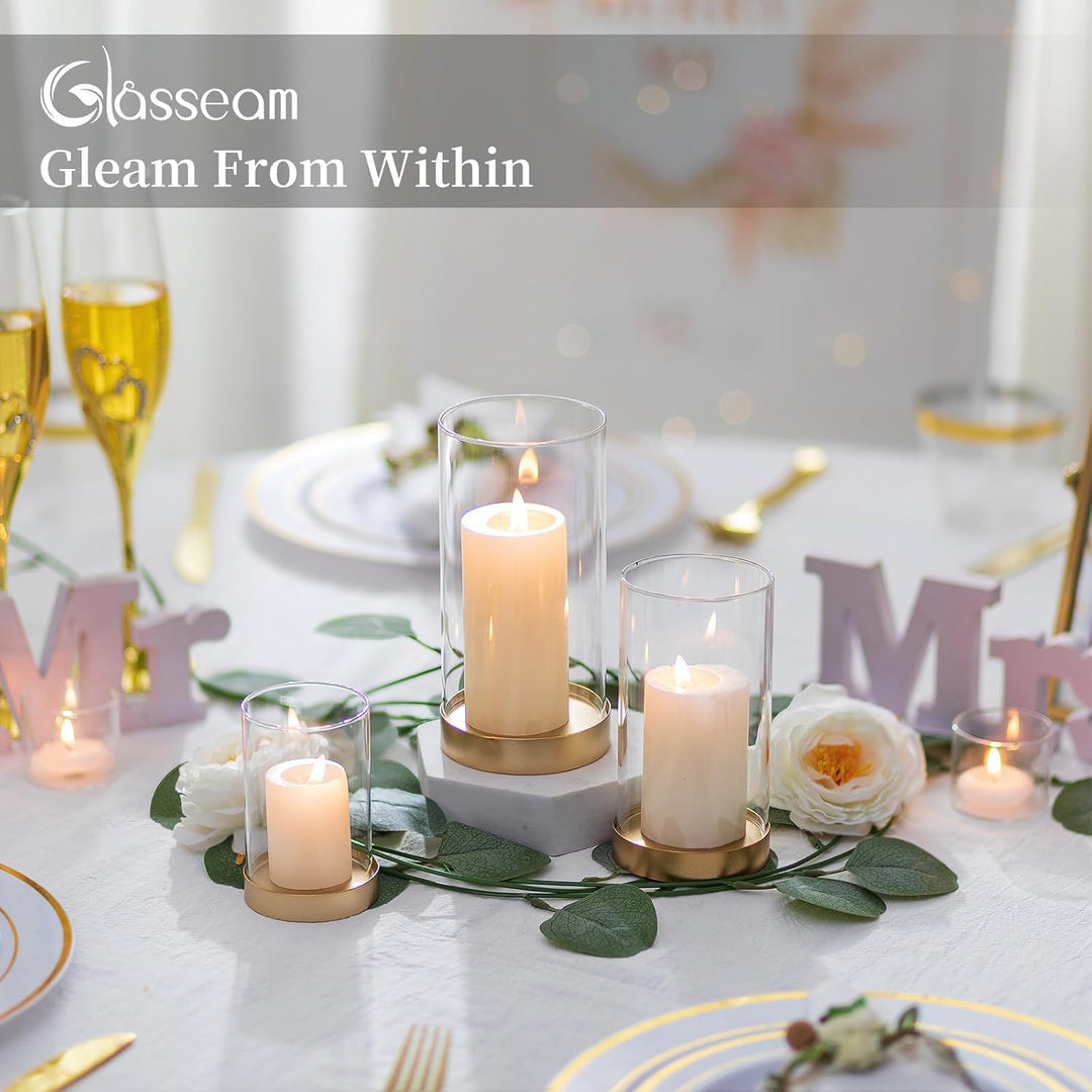 Glasseam Gold Windlicht Glas: 3er Set Gross Kerzenständer mit Glaszylinder Gold+klar 3, Gold+klar 3