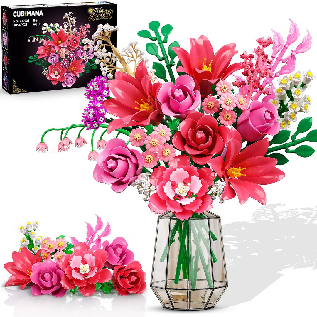 CUBIMANA 21 Blumen Blumenstrauss Bauset mit Licht für Erwachsene Mädche 12+ Rosa, Rosa