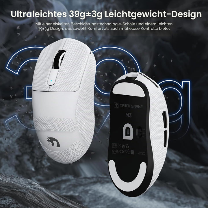 MAMBASNAKE M3 39g SUPERLEICHTE Kabellose Gaming-Maus mit Spiralkabel, PixArt PAW3395PRO-Sensor, Bis