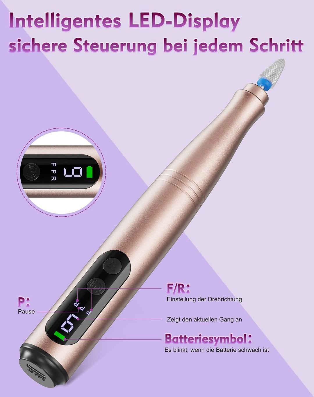 Nagelfräser Set Elektrisch mit LCD Display für Gelnägel, Acrylnägel Gold, Gold
