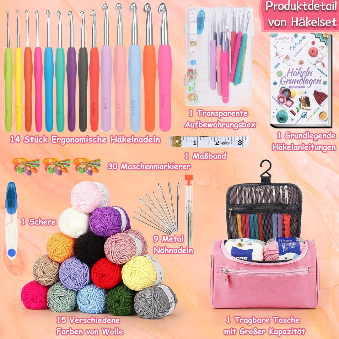 Coopay 73 Stück Häkelset für Anfänger, Tragbar Häkelnadel Set mit 15 Wolle, Tasche, Häkelzubehör, 2,