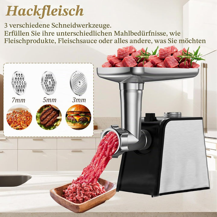 3 in 1 Elektrischer Fleischwolf mit Wurstfüller, Fleischwolf Edelstahl, Elektrischer fleischwolf und