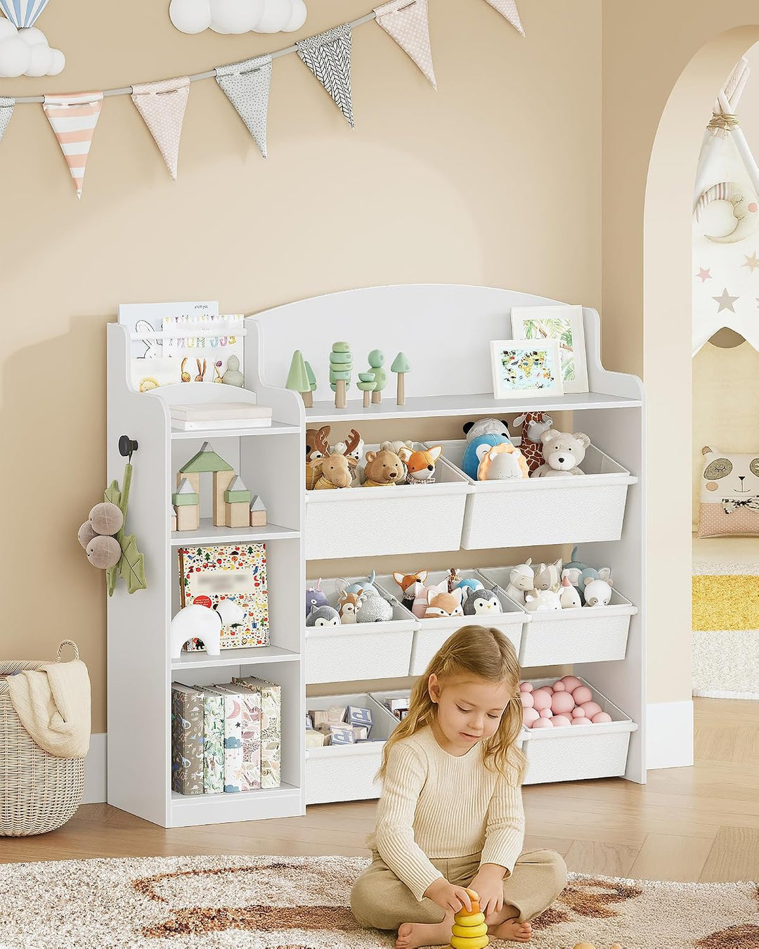 Hzuaneri Kinderregal, Bücherregal Kinder aus Holz, Spielzeugregal mit 8 Stoffschubladen für Kinderzi
