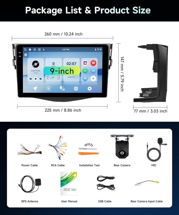 4G+64G Rimoody Android Autoradio für Toyota RAV4 2007-2012 9 Zoll HD Autoradio RAV4 mit Wireless Car