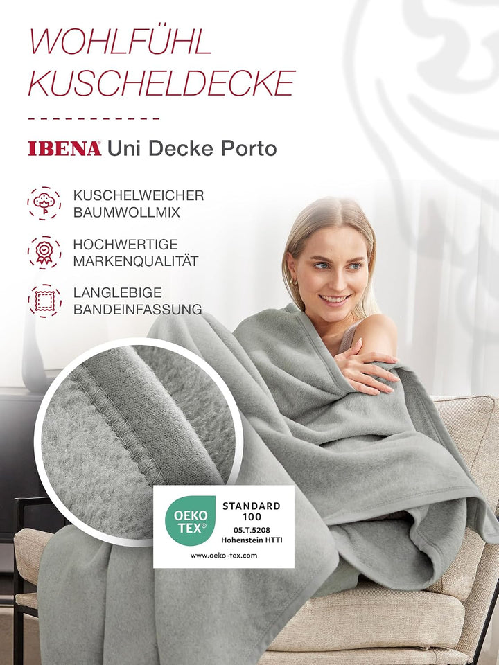 Ibena Porto Decke 150x200 cm – Baumwollmix weich, warm &amp; waschbar, Kuscheldecke hellgrau einfarbig 1