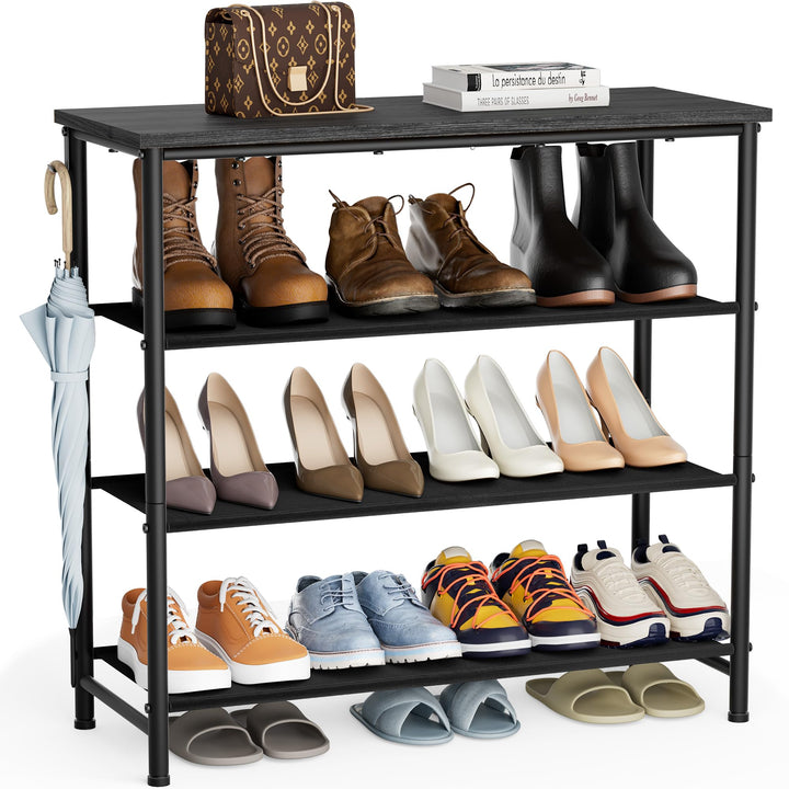 HOMIDEC Schuhregal,4-Ebenen Schuhablage mit Holzbrett als oberstes Regal 75*71*30cm Schwarz, 75*71*3