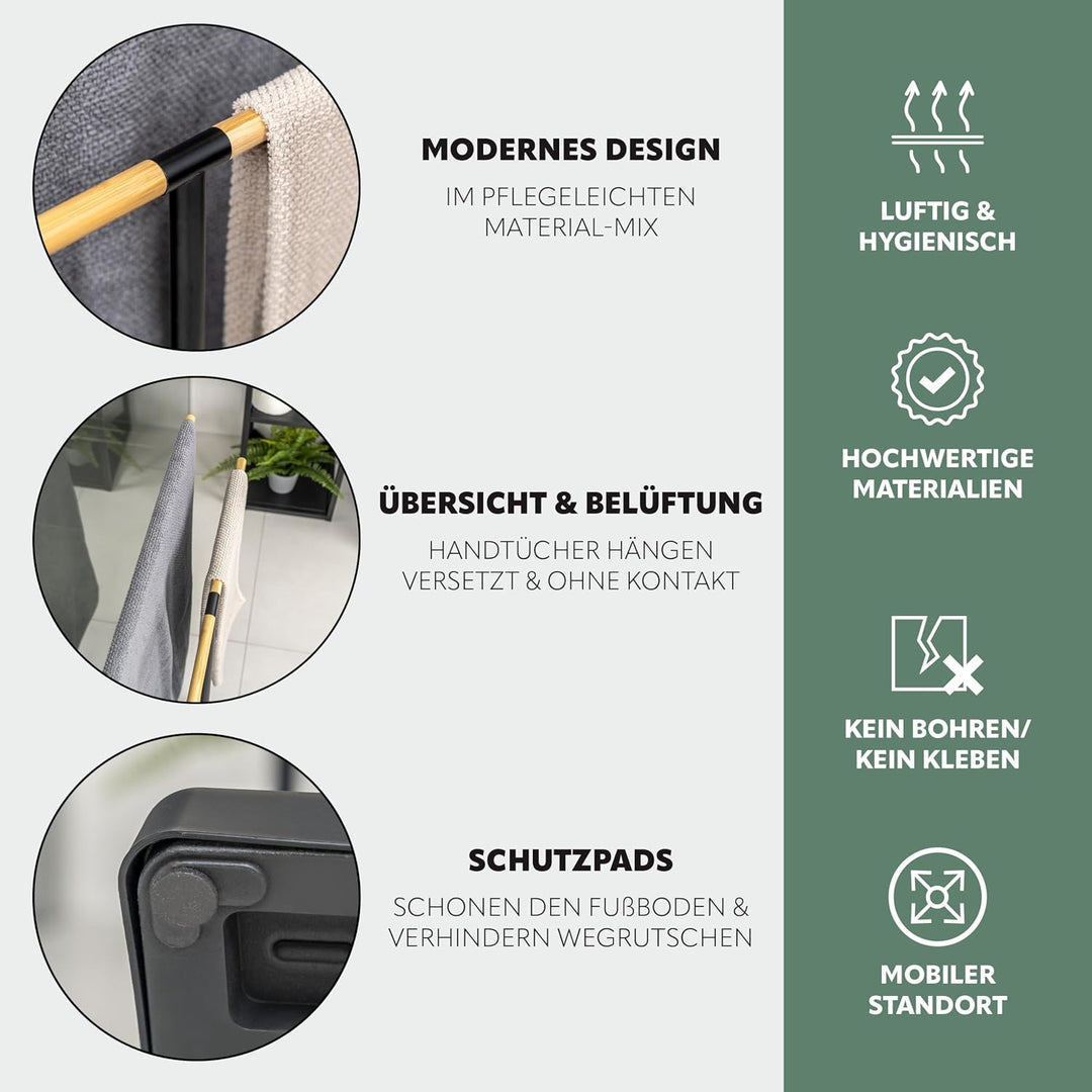 eluno Stand-Handtuchhalter freistehend, 2 Stangen, Handtuchständer, Bambus/Metall (Schwarz), Schwarz