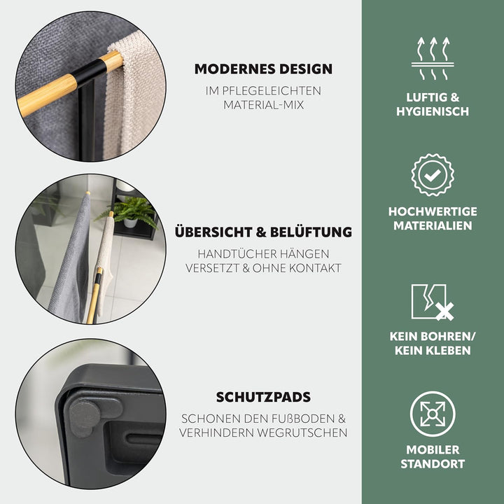 eluno Stand-Handtuchhalter freistehend, 2 Stangen, Handtuchständer, Bambus/Metall (Schwarz), Schwarz