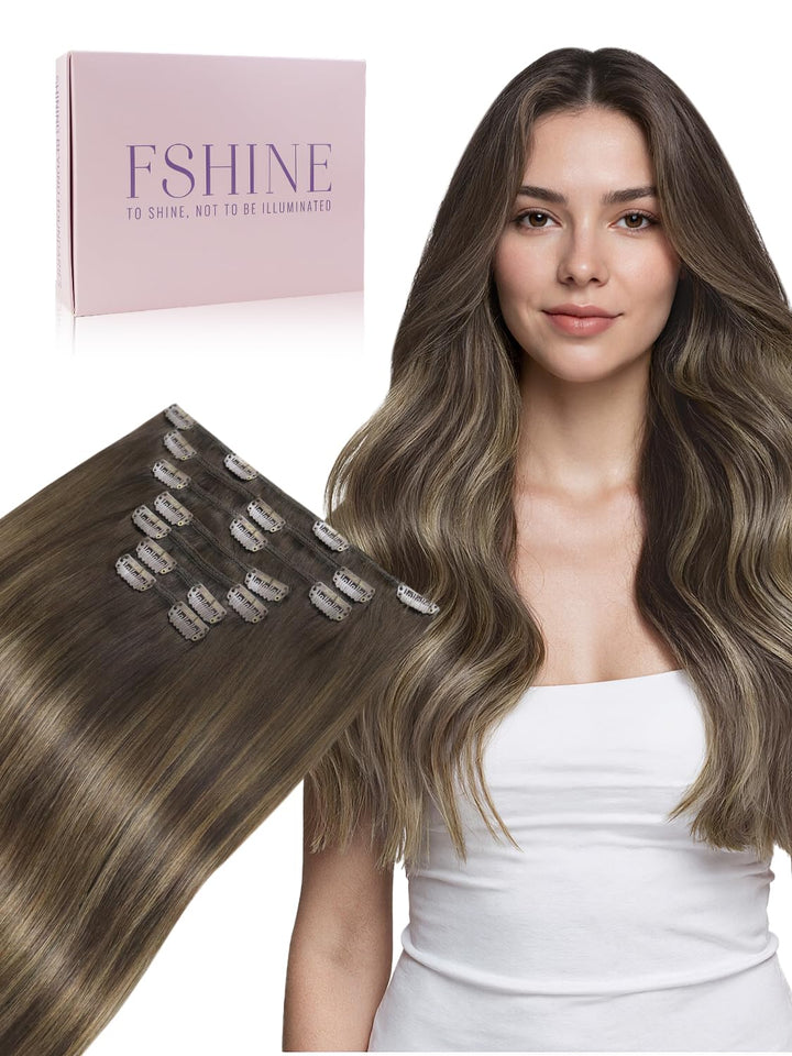 Fshine Echthaar Extensions Clip, 40cm 16 Zoll 120g 7 Stück BalayageSchokolade Braun Mxied Karamell B