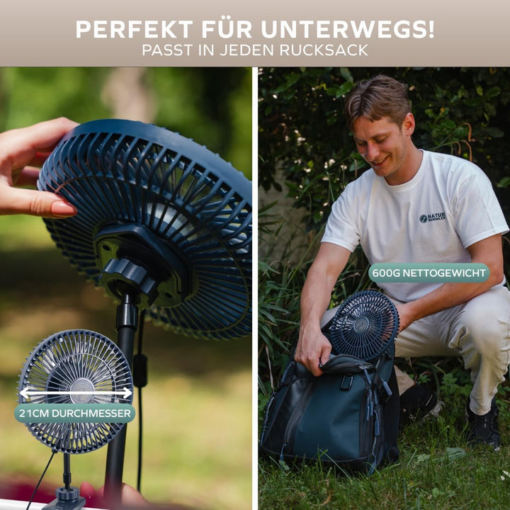 NATURBUMMLER Camping Ventilator AirCool+ leise, USB-C, mit Klemme &amp; Haken Dunkelblau, Dunkelblau