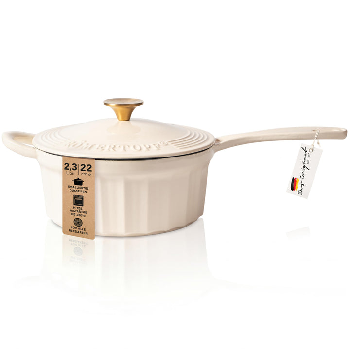 Römertopf Stielkasserolle Gusseisen 22 cm 2,3 L mit Deckel, Creme, Creme
