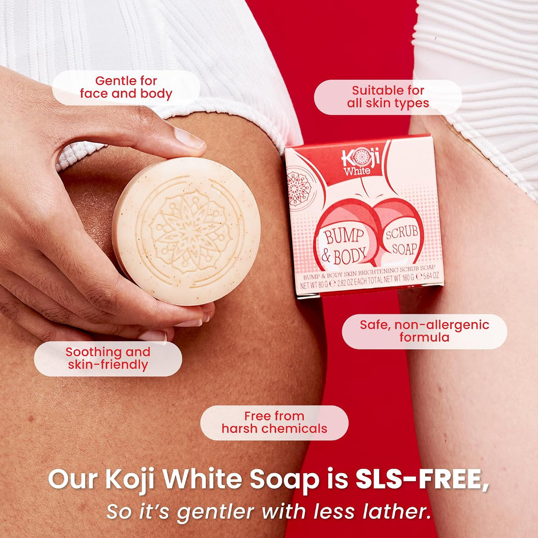 Koji White Kojic Acid Bump Eraser Body Scrub Soap for Exfoliation Butt, Elbow, Underarm with Glutath