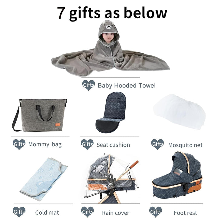 Prokoke Kinderwagen 3 in 1, Buggy mit Umkehrbarem Zwei-Wege-Schub, Kinderwagen Rahmen Aluminiumlegie