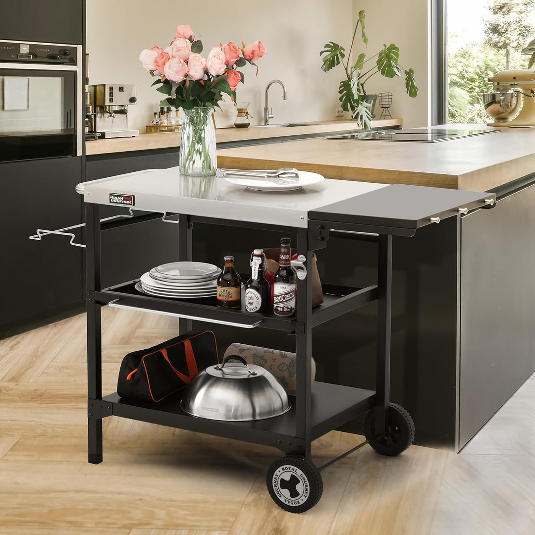 Royal Gourmet Outdoor Grilltisch, 3-Etagen Servierwagen mit 70 x 50 cm Edelstahl Tischplatte und 30