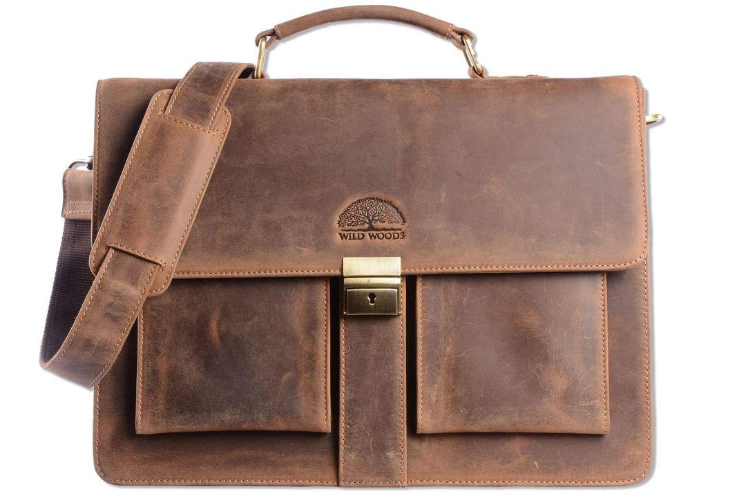 WILD WOODS Original Aktentasche Leder XL mit Laptopfach 15,6 Zoll grosse Ledertasche zum Umhängen au