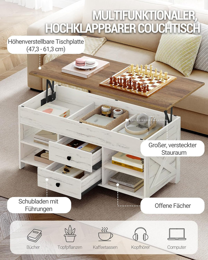 Hzuaneri Couchtisch, höhenverstellbarer Wohnzimmertisch, Sofatisch, 2 Schubladen und Versteckter Sta